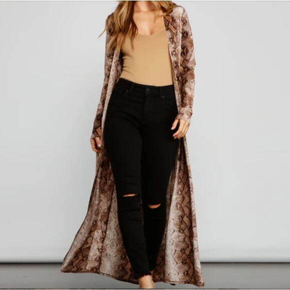 Windsor S Tan Snake Animal Print Long Sleeve Drape Relaxed Fit Duster Cover Up - Picture 1 of 7